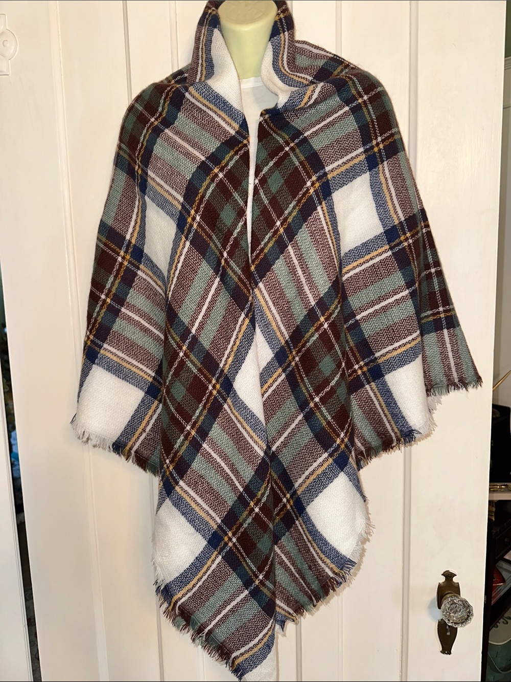 Plaid Fringe Blanket Shawl Wrap - White, Maroon, Green & Blue